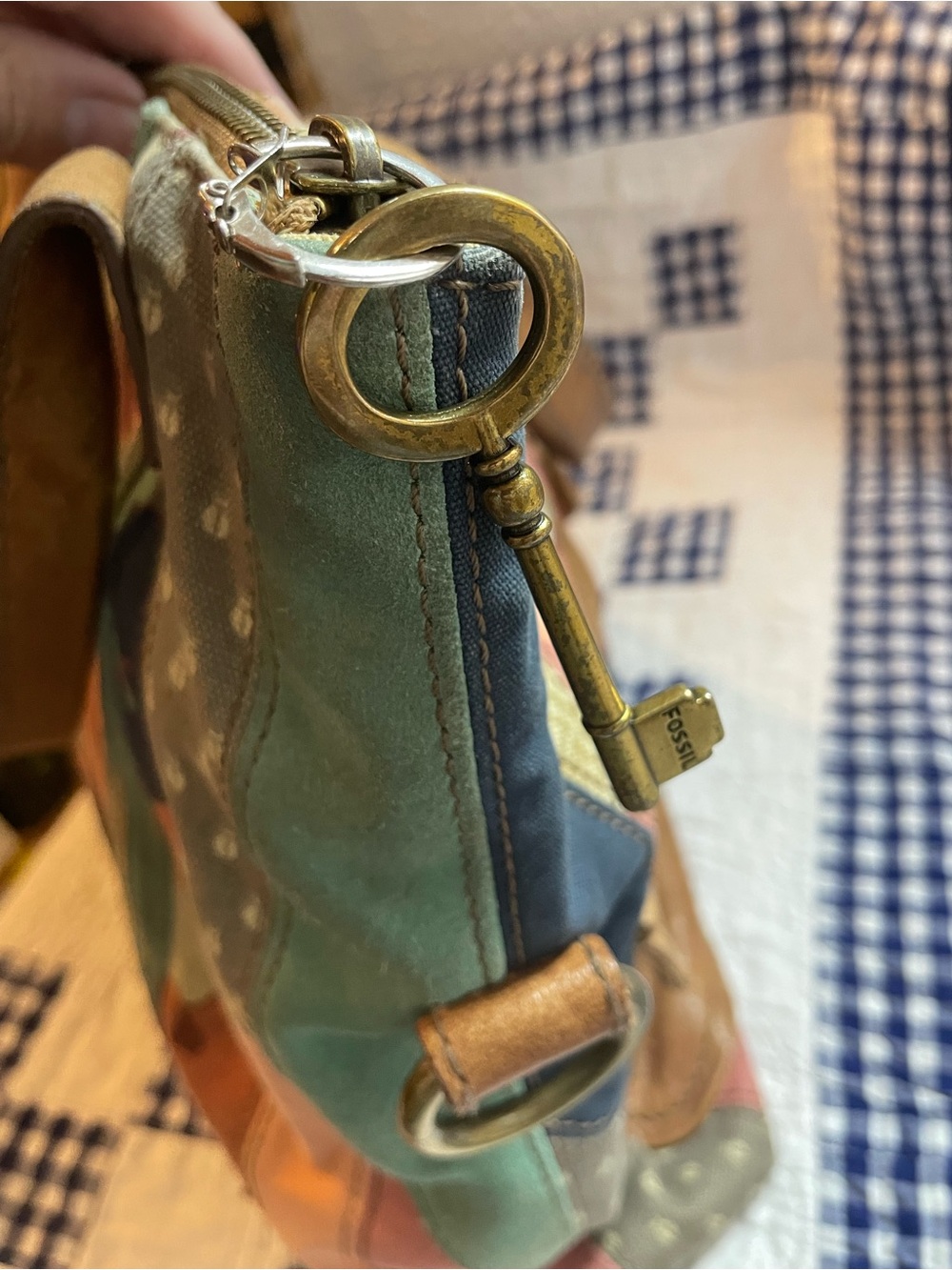 Fossil Patchwork Shoulder Bag in Navy, Coral, Teal & Tan - Picture 12 of 16